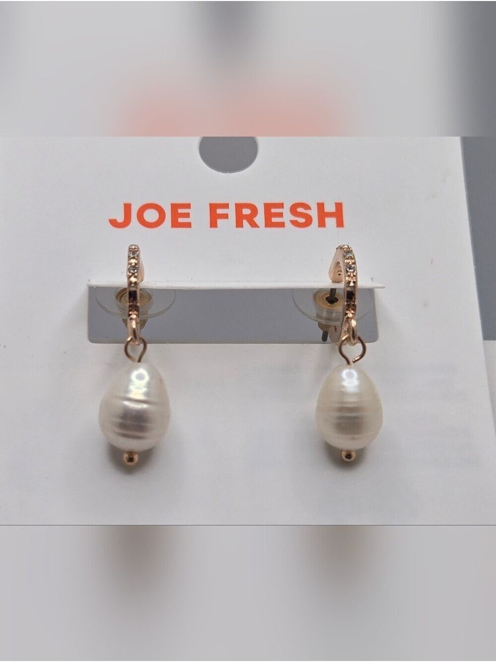 Joe Fresh Rose Gold Huggie Hoop Earrings Pavé Crystal & Pearl Drop 1.25” New